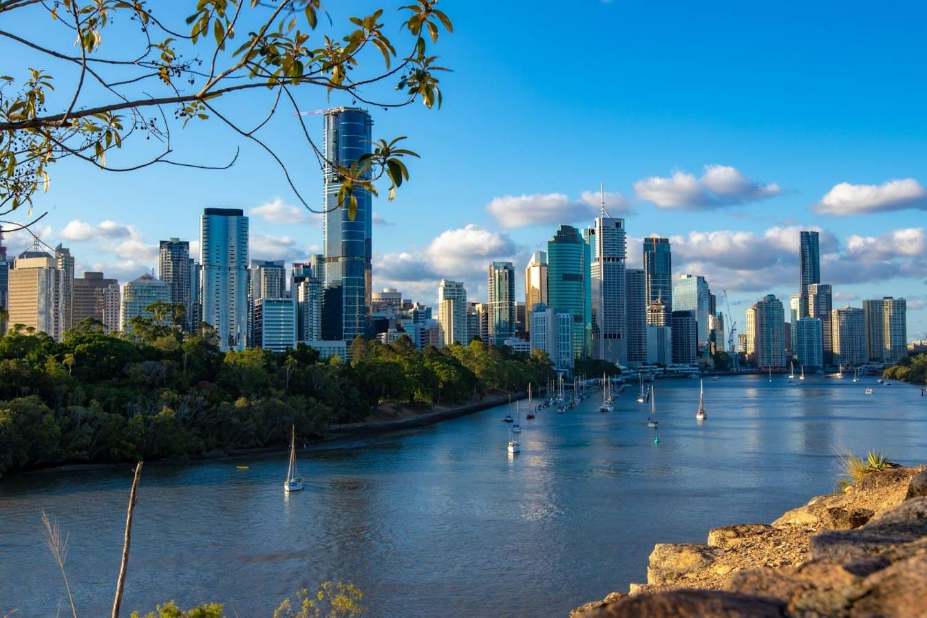 Brisbane city skyline across the river on a sunny day