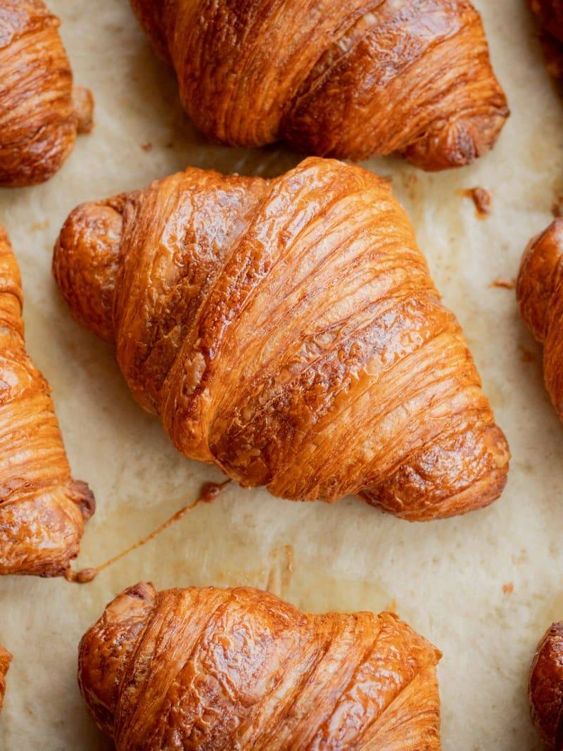 Tray of golden croissants fresh from the oven