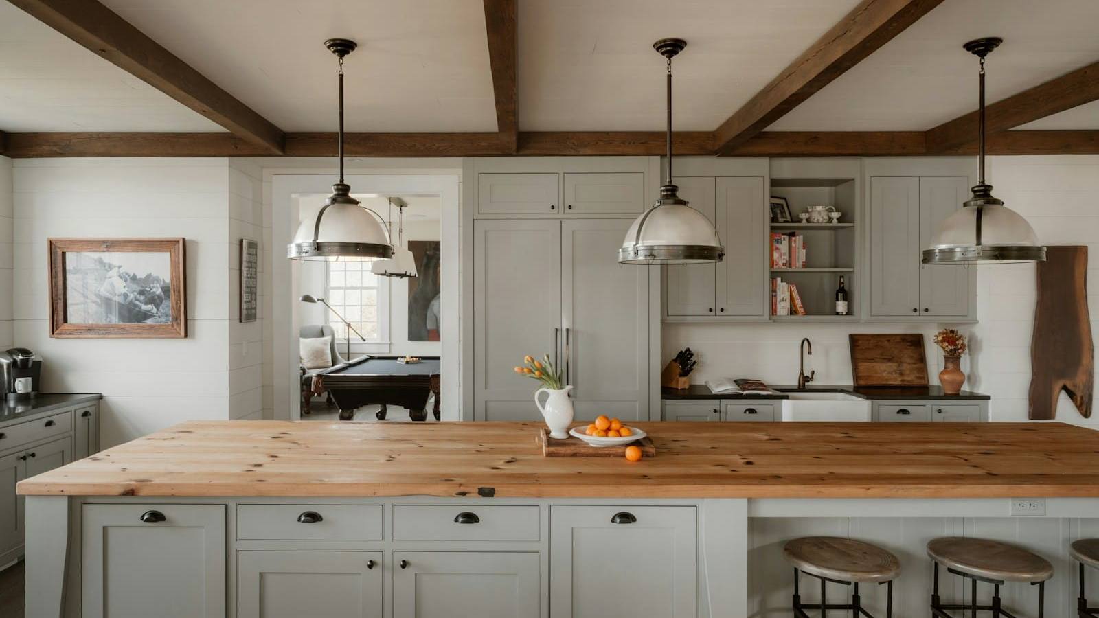 Kitchen with three pendant lights over a timber island bench